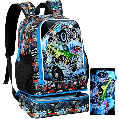 Image of WZLVO 2-In-1 Truck Preschool Backpack Set, 17 inch Cool UV Printing Boys Bookbag /School Bag with Built-in Lunch Compartment & Pencil Bag for Kids to Elementary - Truck Green