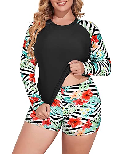 Daci Women 2 Piece Plus Size Long Sleeve Rash Guard Zip Front Athletic Bottom Tankini Swimsuits UPF 50