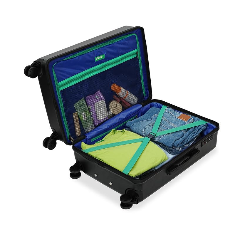 Image of United Colors of Benetton Hard Luggage Glide Set of 3 (Cabin, Mid & Cargo) - Black | PC Carry-On Trolley Bag | TSA Lock & 360 Spinner Wheels Suitcase | Telescopic Handle | Water Resistance