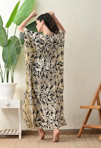 Image of Ichaa Women's Pink Rayon Printed Round-Neck Kaftan-Style Free Size Nighty with Drawstring