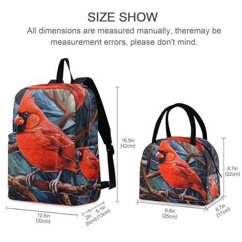 Backpack Lunch Box Set Large Capacity Travel Backpacks and Insulated Lunch Bag for Commute Hiking Picnic Red Bird Vector Print2