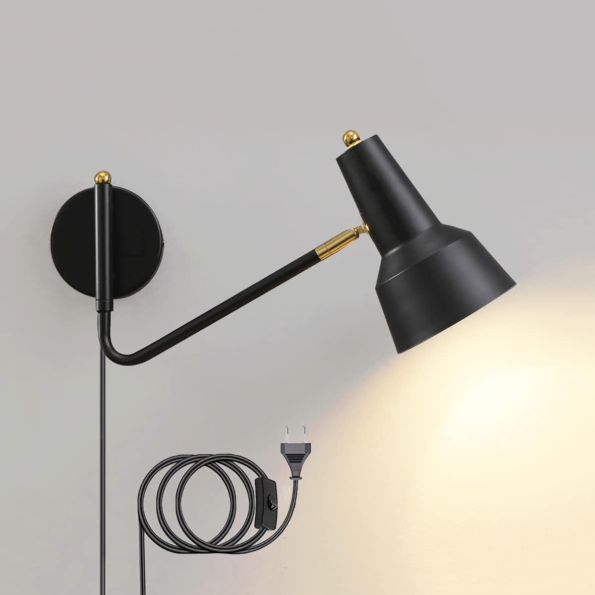 EaEa Aplique de Pared de Cabecera Brazo Largo Ajustable con Interruptor y Enchufe, Retro Lámpara de Pared de Dormitorio Luces de Lectura con Cable de 1,8 M, para Salon, Oficina, Pasillo, E27,Negro