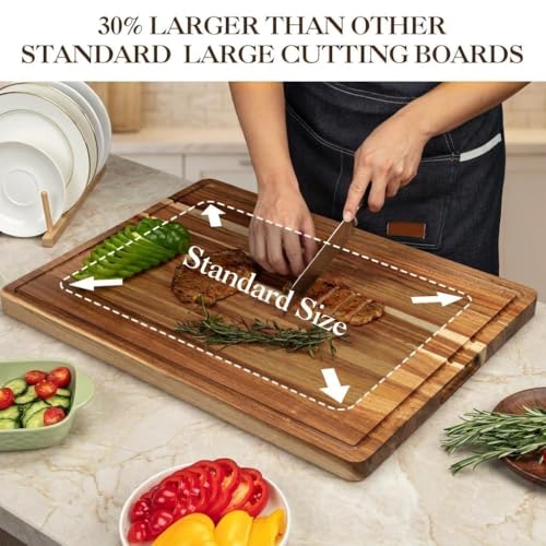 Tabla de cortar grande de madera de acacia – gruesa, bloque para carnicero con ranuras profundas para jugos, mangos ergonómicos, resistente para cocina, 61x46 cm miniatura 4