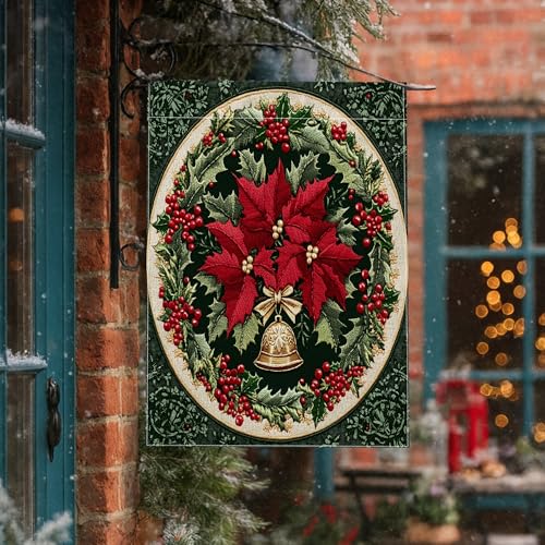 Bandiere per la casa di Natale con agrifoglio stella di Natale, 71 x 101 cm, per esterni, ricamo estetico pianta di Natale standard verticale bandiere per la casa, bandiere per la casa di Capodanno