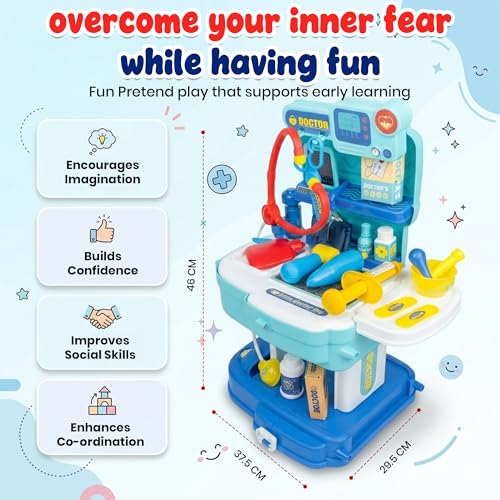 Image of Kids Doctor Play Set with Doctor Coat | 32-Piece Pretend Clinic Kit with Stethoscope, 2 in 1 Suitcase | Educational Medical Role Play Toy for Boys Girls Age 2-8 Years | White