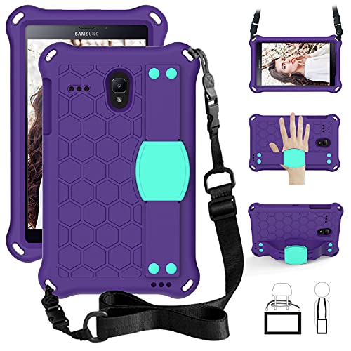 QYiD Kids Case for Galaxy Tab 4 8 inch SM-T330/T331/T335/T337, Kids Friendly Light Weight Non-Toxic EVA Shockproof Case with Handle Stand, Shoulder Belt for Samsung Galaxy Tab 4 8-inch, Purple/Aqua