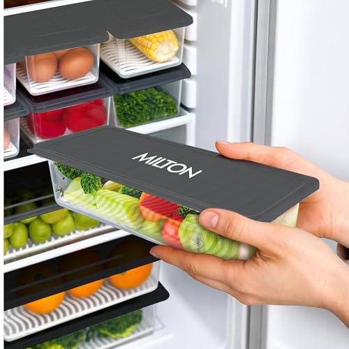 Image of MILTON Cryo Fridge Storage Boxes Set of 6 Fridge Organizer Container with Waterproof Vinyl Stickers & Removable Drain Plate, Lid|Stackable Box, Plastic Containers 1500 ml|Fish, Vegetables, Fruits|Grey