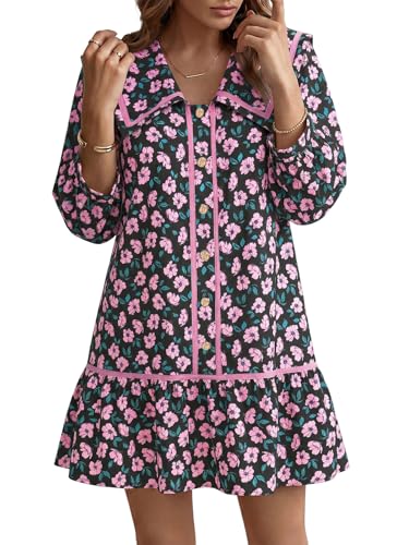 Image of Wenrine Womens Casual Shirt Dresses 3 /4 Long Sleeve Floral Button Down Flowy Babydoll Fall Mini Dress