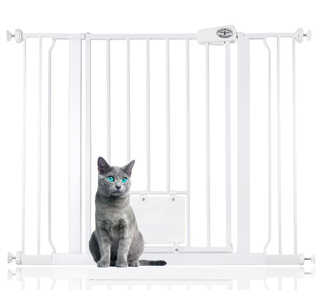Bettacare Pet Gate with Lockable Cat Flap, 100.8cm - 108.4cm, White, 75cm in Height, Dog Safety Barrier with Cat Flap, Easy Installation