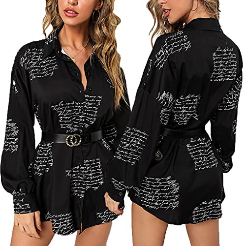 Image of Glozeplus Long Sleeve Button Down Collar Mini Shirt Dress for Women | Trendy script print shirt dress.The button-down front and collared V-neck create a chic.Perfect for office or casual dates.