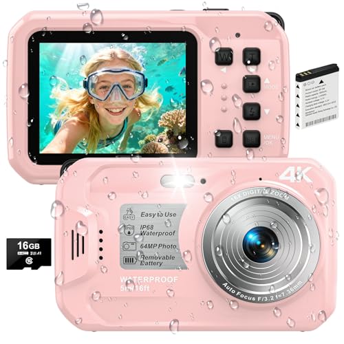 4K Underwater Camera, 64MP 16FT Waterproof Digital Camera with 16GB Card, Autofocus Floatable...