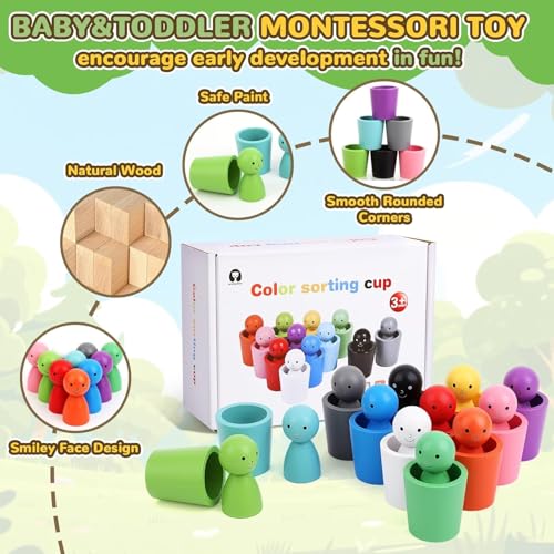 Image of SHINETOY 12PCS Color Sorting Cup with Wooden Bowls | Matching Game for Toddlers 3-6 | Montessori STEM, Math & Sensory Learning Toy