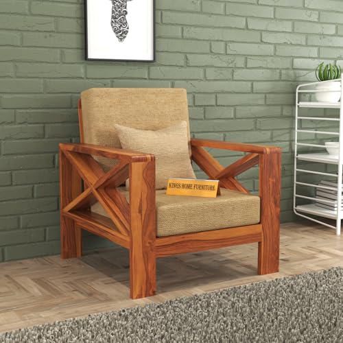 Image of Sheesham Wooden 1 Seater Sofa for Living Room | Rosewood 1 Seater Cushion Sofa X-Legs | Solid Wood Sofa Set for Lounge (1 Seater,Honey)