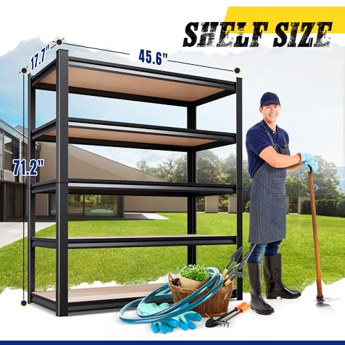 Image of 71 inch H x 46 inch W x 18 inch D Garage Shelving Unit, 2-Pack Heavy Duty Metal Storage Shelves, Total Capacity, 5 Tier Adjustable Boltless Steel Rack, Freestanding Organizer for Warehouse, Pantry, Shop, Black
