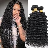 Human Hair Bundles Brazilian Deep Wave Human Hair 3 Bundles Weaves 16 18 20inch 100% Unprocessed Virgin Human Hair Curly Water Wave Wet and Wavy Weave Raw Bundles Deals Natural Black