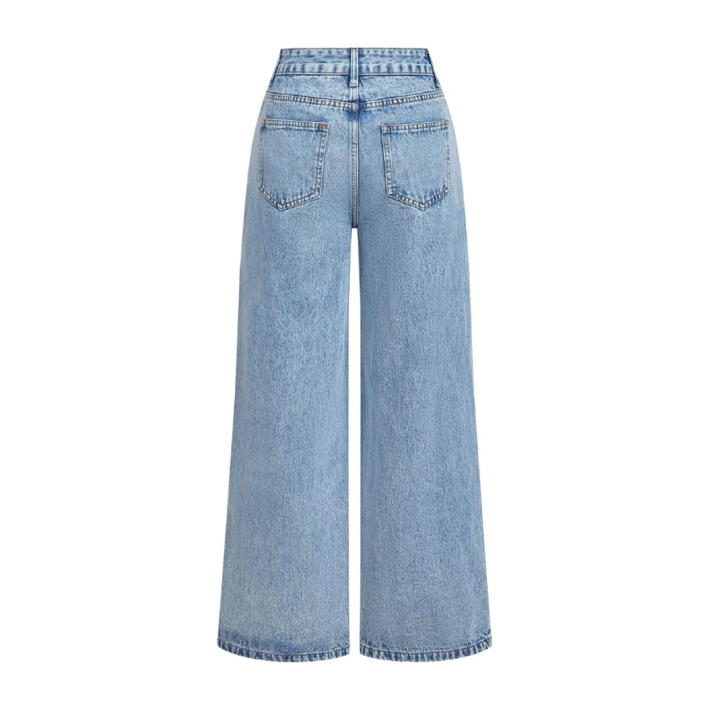 Baggy Jeans Damen Weites Bein Jeanshosen mit Blumenstickerei Denim Hosen