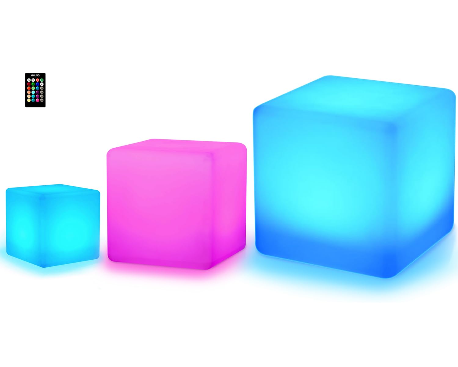 MR GO 8-inch LED Cube Light and 12-in and 16-in Glow Cube Bundle Remote Control 16 RGB Colors