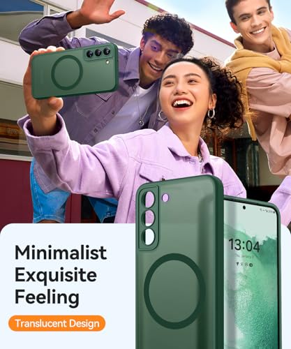 Image of CANSHN Designed for Samsung Galaxy S22 Case [Full Camera Protection] [Compatible with MagSafe] Translucent Matte Shockproof Protective Phone Cover 6.1 Inch - Deep Green