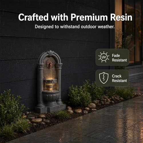 Image of 33.36 inch Outdoor Wall Fountain with LED Lights, Flat Back Water Fountain Outdoor Freestanding, Cascading Waterfall Feature for Patio Backyard Yard Garden Porch Courtyard