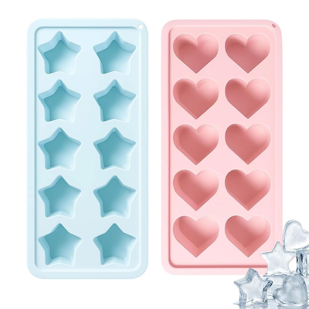 2Pcs Silicone Ice Cube Tray, Hearts Ice Cube Moulds, Reusable Star Silicone Moulds for Cocktails, Chocolate, Jellies, Soaps (2, Pink+Blue)