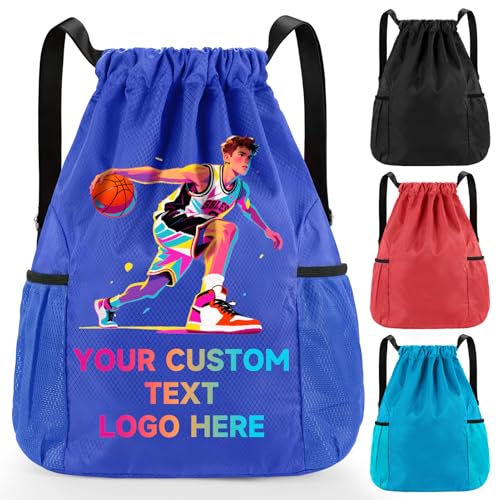 Custom Drawstring Backpack Bag, Wider Straps Sports Gym Sackpack with Mesh Pockets Waterproof String Bag for Men Women(Deep Blue)