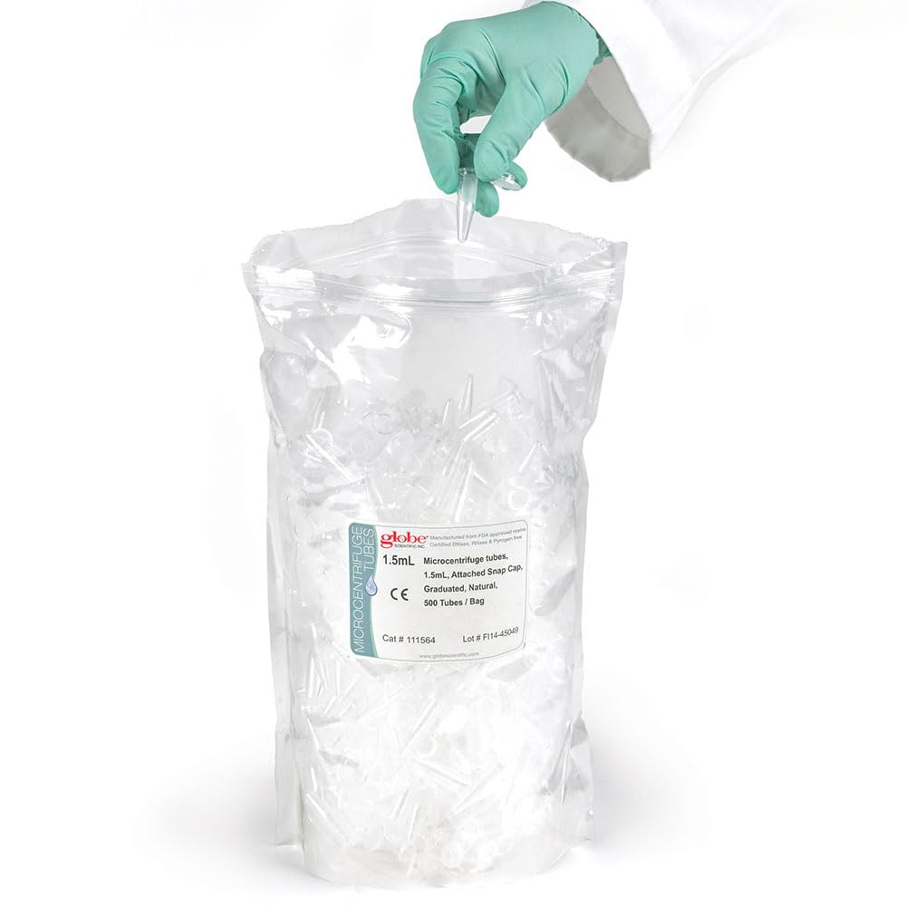 Globe Scientific 0.5mL Microcentrifuge Tube with Snap Cap, 111554, Polypropylene, Graduated, Rnase/Dnase and Pryogen Free Certified, Natural, 500/Stand Up Zip Lock Bag