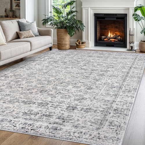 Grey Blue White 6x9 Area Rug for Bedroom, Large Washable Area Rug for Living Room, Soft Vintage Rugs with Non-Slip, Non-Shedding Tribal Carpet for Farmhouse, Dining Room, Office Home Décor