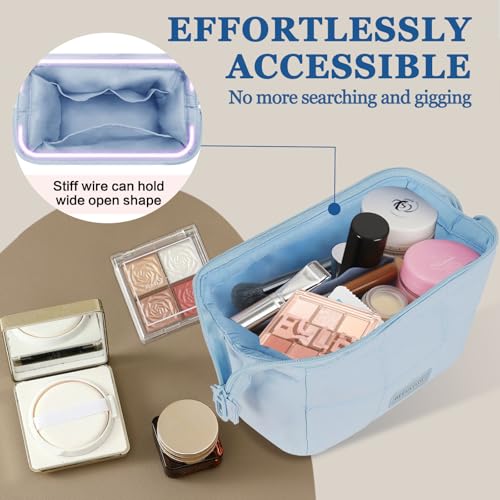 Image of Puffy Makeup Bag Travel Toiletry Bag, Waterproof Make Up Bag for Women, Lightweight Wide-open Cosmetic Bag with Multiple Compartments, Pouch Travel Essentials Toiletries, Blue