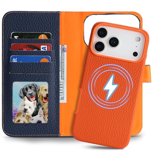 Image of Detachable Genuine Leather Case for iPhone 17 Pro Max Wallet Case Magnetic 2in1 Removable Flip Cover Book Purse Compatible with Magsafe Charging Kickstand Card Holder-Navy Blue+Orange