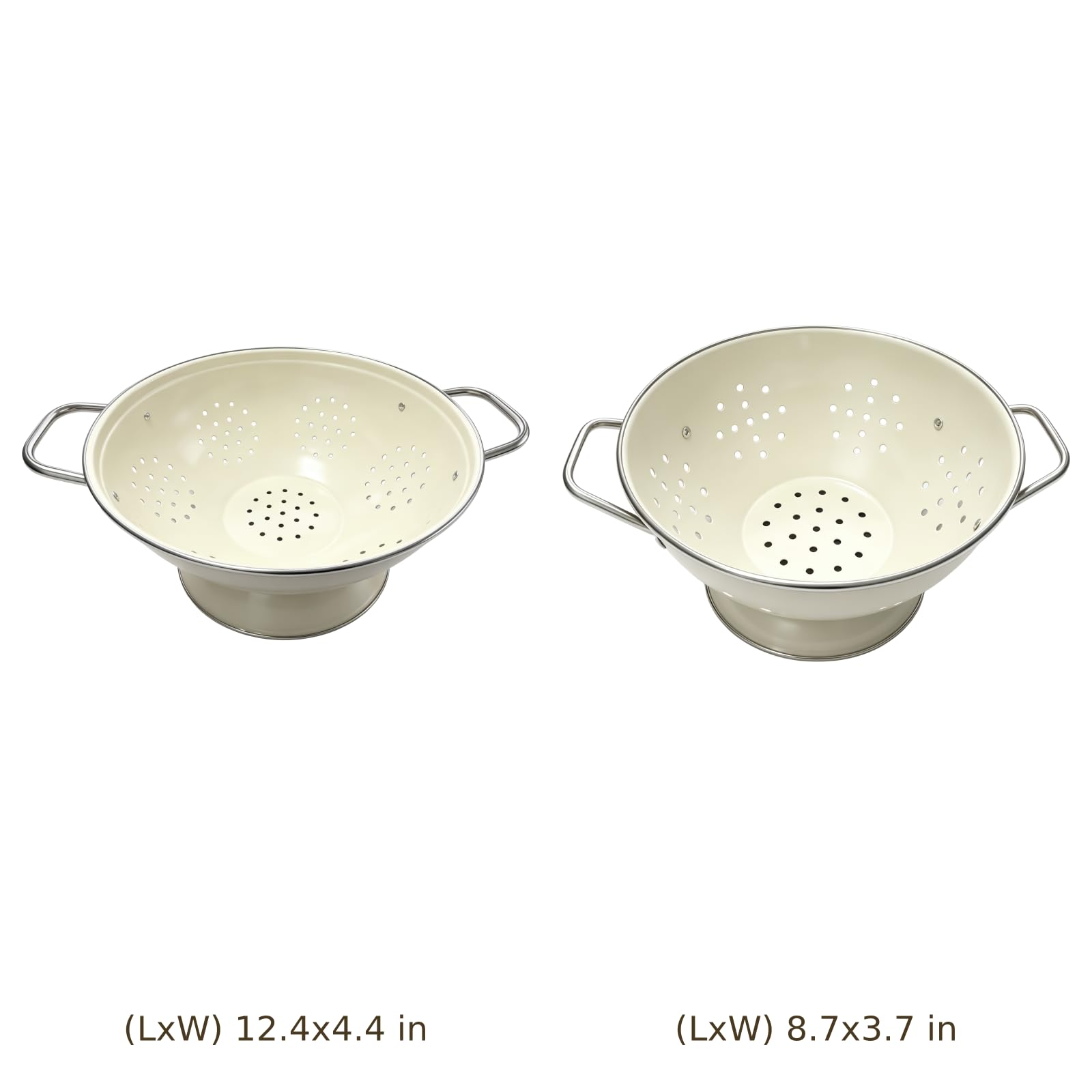 2 Stk. Edelstahl-Siebset, pulverbeschichtet in Beige, 12,4 Zoll und 8,7 Zoll, zum Waschen und Abtropfen von Obst, Gemüse und Pasta, mit breitem Standfuß und Henkelring für die Küche