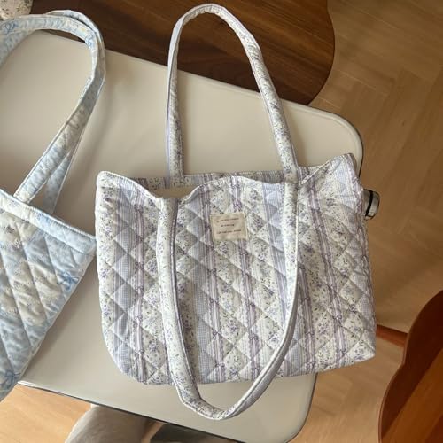 Image of Floral Quilted Cotton Shoulder Bag for Women Medium Size Handbag Large Capacity Thickened Design Tote