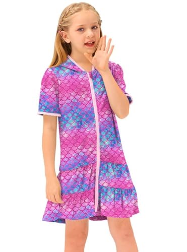 Besserbay Kids Ruffle Hem Full Zip Mermaid Swim Cover Up Short Sleeve Terry Beach Hooded Cover Up 7-8 Years #TOP2