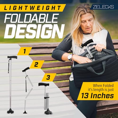 Image of ZELECKS Walking Cane for Women & Men - Self Standing Adjustable Folding Cane with T Handle and 360 Pivot Base - Lightweight Foldable Walking Stick for Seniors - Collapsible Cane for Walking