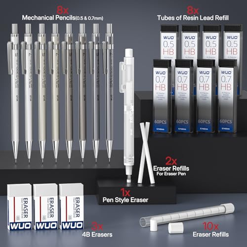 Image of WUO 0.5&0.7mm Metal Mechanical Pencil Set, 8-Pack with Eraser Pen and Case
