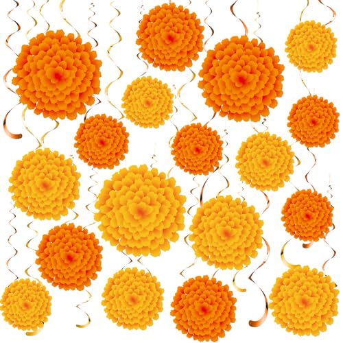 Image of 36 Pcs Marigold Flower Diwali Decorations Day of The Dead Dia De Los Muertos Marigold Flower Decorations Hanging Streams Swirls for Home Pooja Indian Varalakshmi Altar Ofrenda Decor