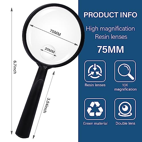 Image of Feosky Handheld Reading Magnifier, 10X Magnifier, 75mm Shatterproof Lens, Adults Close Work Non-Slip Handle for Seniors Reading and Nature Exploration(Black)