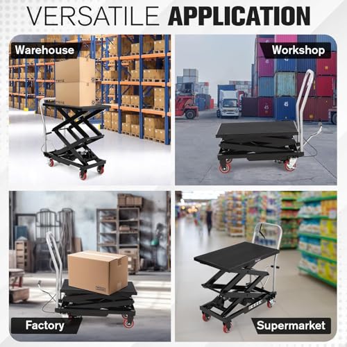 Hydraulic Lift Table Cart, 770 LBS Capacity 50 in Lifting Height, Double Scissor Lift Table with 4 Wheels and Non-Slip Pad for Material Handling and Transportation, Black