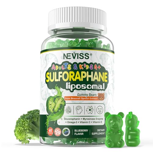 Liposomal Sulforaphane Supplement Broccoli Gummies Broccoli Sprouts Extract w/Myrosinase Omega-3 Vitamin C E for Kids 4+ & Adults Supports Cognitive Brain Cellular Health Antioxidant 60 Cts