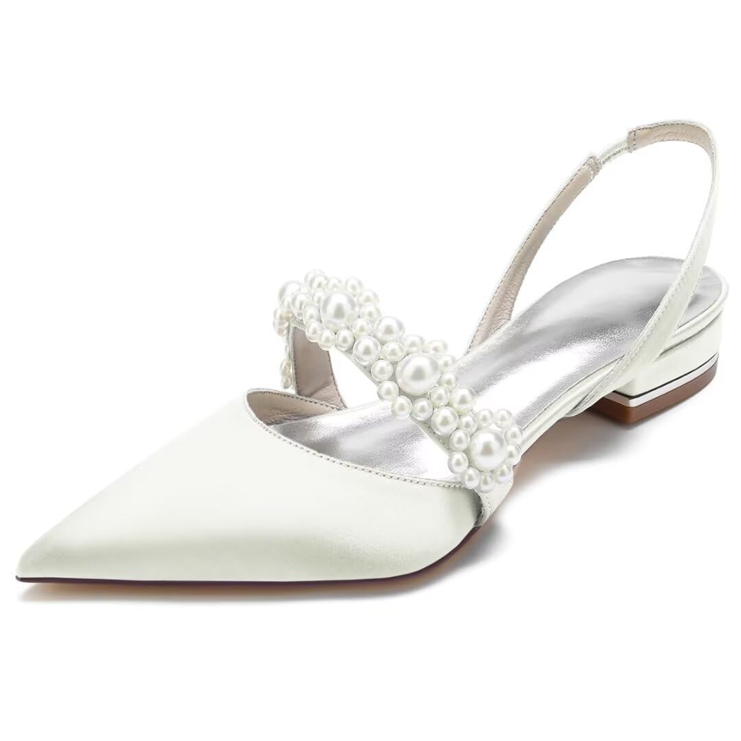 Satin Pearls Wedding Shoes for Bride Flat Pointed Toe Women Slingback Flats-image-28