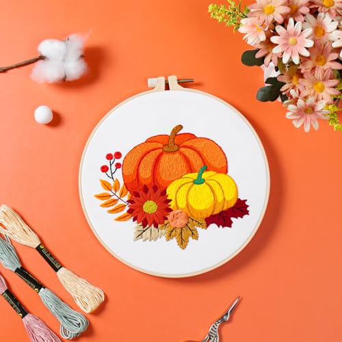 Image of Louise Maelys 3 Set Embroidery Kit for Beginners with Pumpkin Harvest | Fall Pumpkin Cross Stitch Kits For Seasonal Crafts. Needlepoint Kit Includes Fabric, Hoop, Threads, Needles and Guide