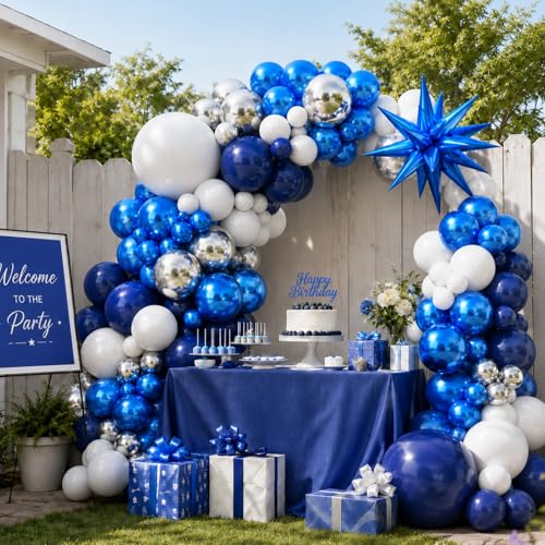 Image of Graduation Balloon Arch Kit 2026 Blue and White Balloon Garland Royal Blue White Silver Balloons with Star Foil for Congrats Grad Class Retirement Prom Birthday Baby Shower Wedding Party Decorations