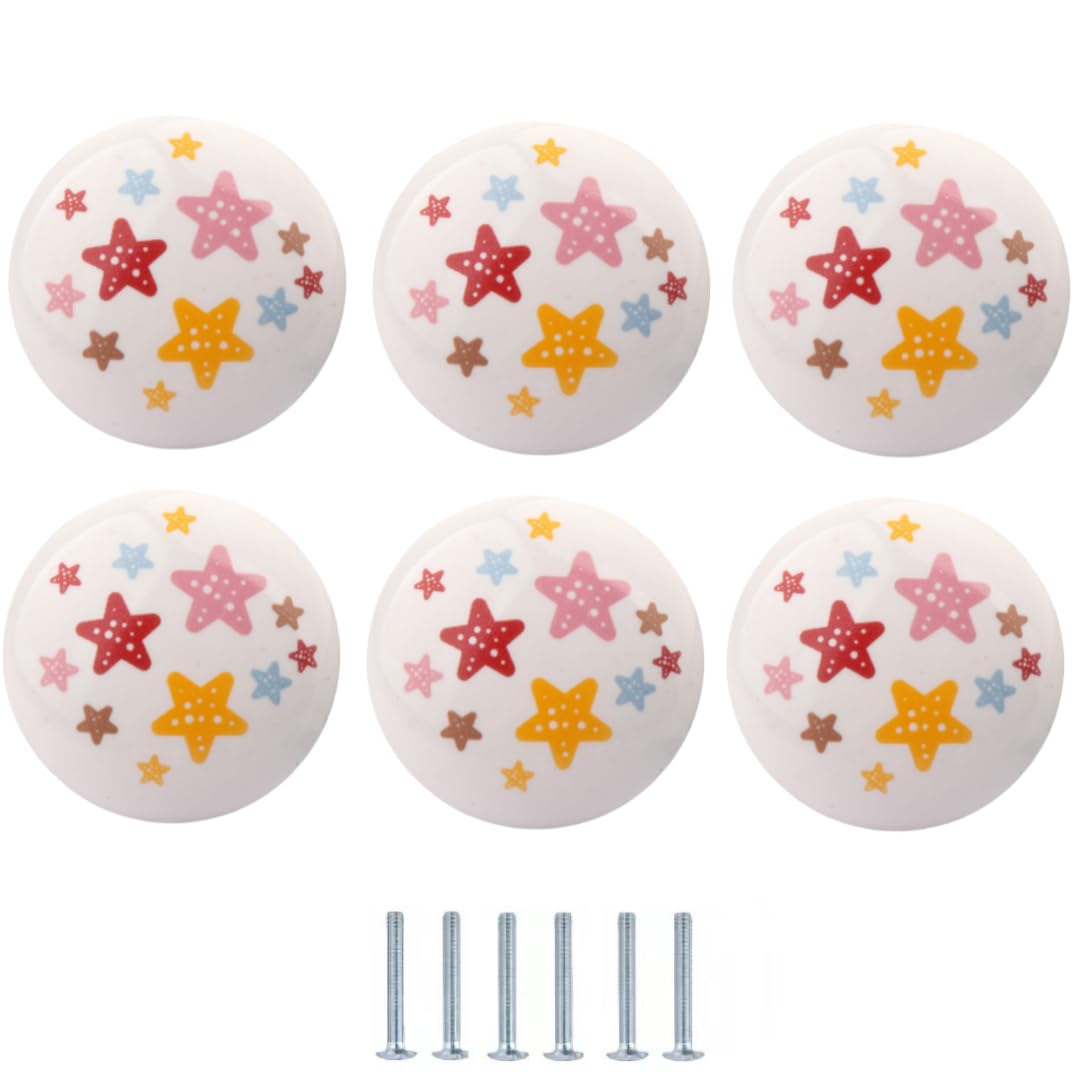 LQZAXSRDR Ceramic Cupboard Drawer Handle Knobs, Ceramic Door Knobs, Drawer Handles 6 Pcs Multicolor Diameter 38mm(Colored Stars)