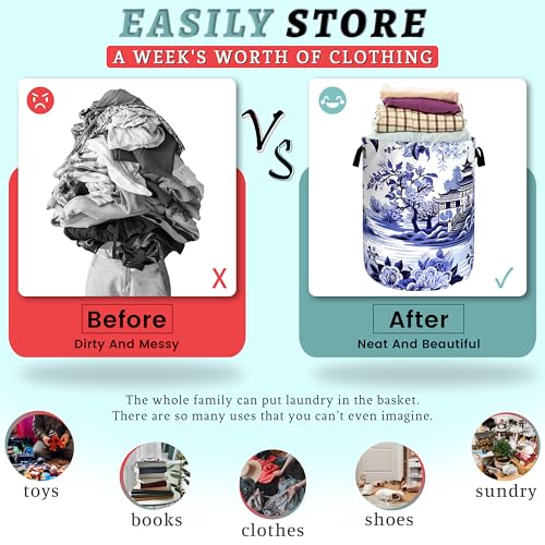 Image of Blue White Porcelain Laundry Basket Oxford Cloth Tote Bag18.9 inchx16.5 inch