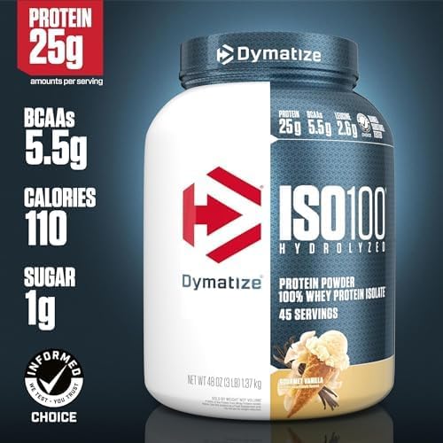 Image of Dymatize ISO100 Whey Protein Powder Isolate, Gourmet Vanilla, 25g of Protein, 3 Pound, 5.5g BCAAs, Less Than 120 Cal., Gluten Free, 1g Fat, 1g Sugar, 2g Carb