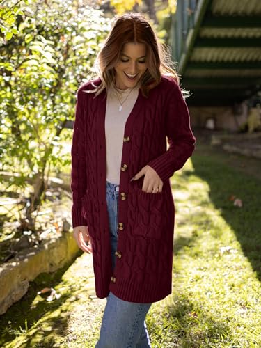 Image of PRETTYGARDEN Long Sleeve Cable Knit Long Cardigan for Women 2026 Spring Winter Chunky Open Front Button Sweaters with Pockets