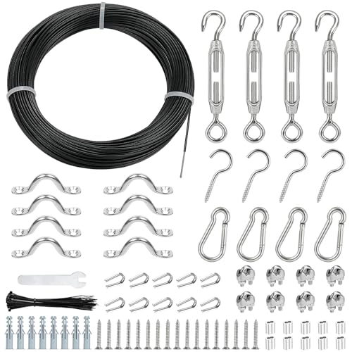 TooTaci Kit de câble métallique noir, 50 m/2 mm, câble de guidage en acier inoxydable avec revêtement noir pour guirlande lumineuse, avec tendeur de fil...