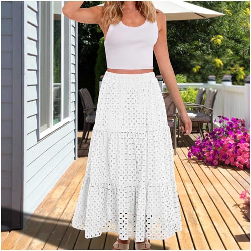 Womens Summer Casual Eyelet Bohemian Maxi Skirt with Pockets Beach Vacation Long Skirt with Mini Underneath3