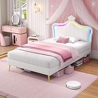Merax 3ft Girls Single Bed, Upholstered Bed with LED Adjustable Crown Shape Headboard, Solid Wood Slat, Easy Assembly, PU Leather, Cream White, 90x190 cm (No Mattress)