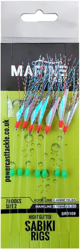 Mackerel Feathers sea fishing rigs lures 7 Hooks Sabiki Rig/hook size 2 (Night Glitter - 5Pcs)