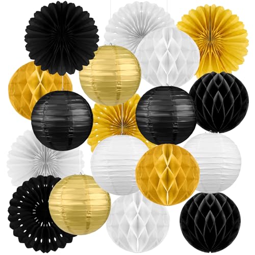 Raiten 18 Pcs Happy New Year Party Decorations Kit Black Gold and Sliver Paper Lanterns Black Gold White Hanging Round Paper Fans Hanging Honeycomb Ball for Birthday Wedding New Year Eve Party Supply